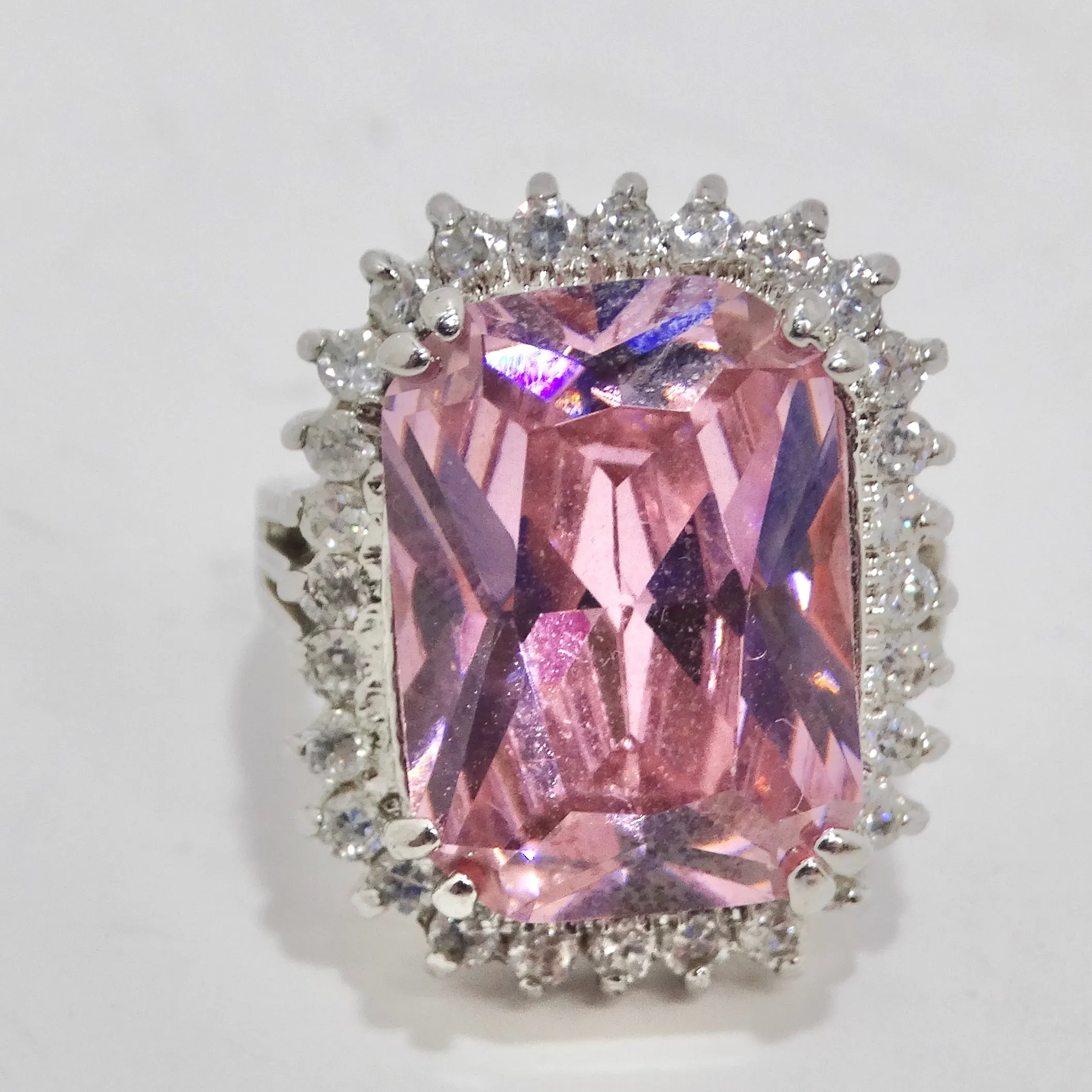 1990s Pink Synthetic Sapphire Silver Ring