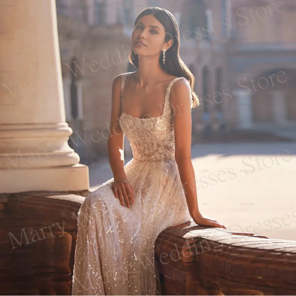 2024 Modern Exquisite A Line Women's Wedding Dresses New Square Neck Appliques Bride Gowns Sleeveless Backless Robe De Mariée