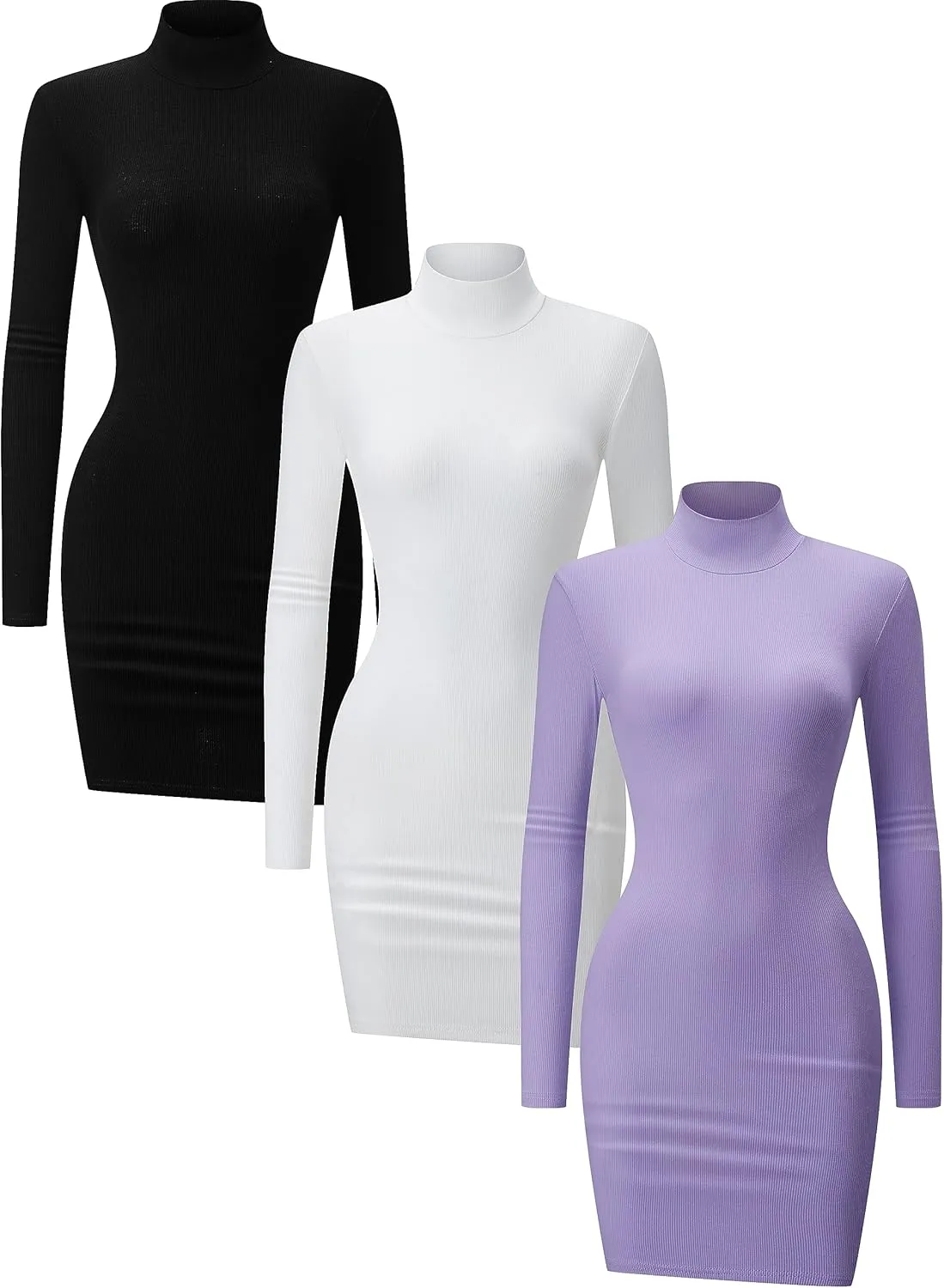 3 Pack Long Sleeve Dress for Women Turtleneck Crew Neck Slim Fit