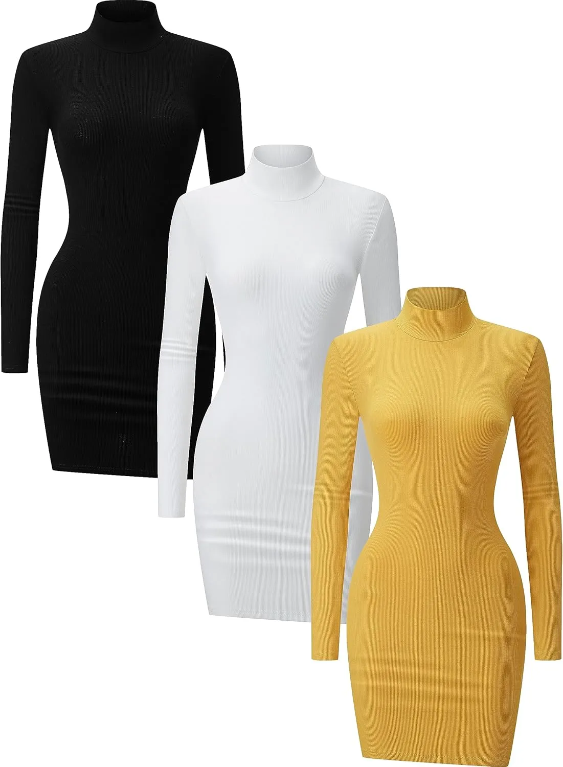 3 Pack Long Sleeve Dress for Women Turtleneck Crew Neck Slim Fit