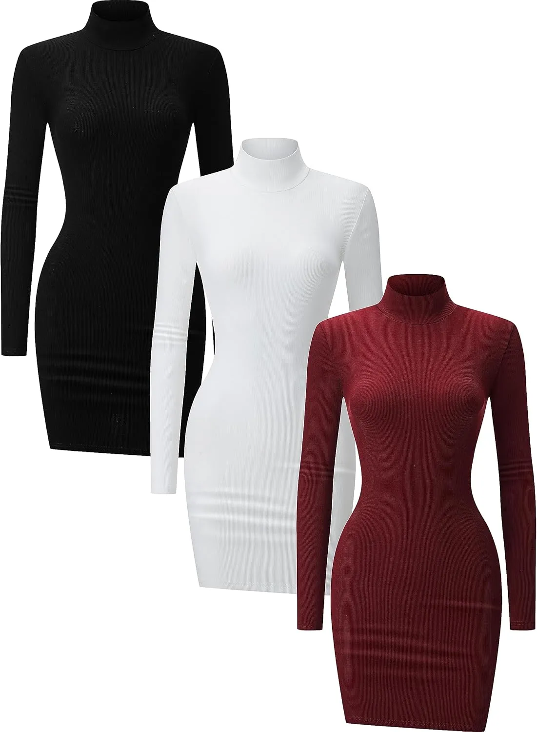 3 Pack Long Sleeve Dress for Women Turtleneck Crew Neck Slim Fit