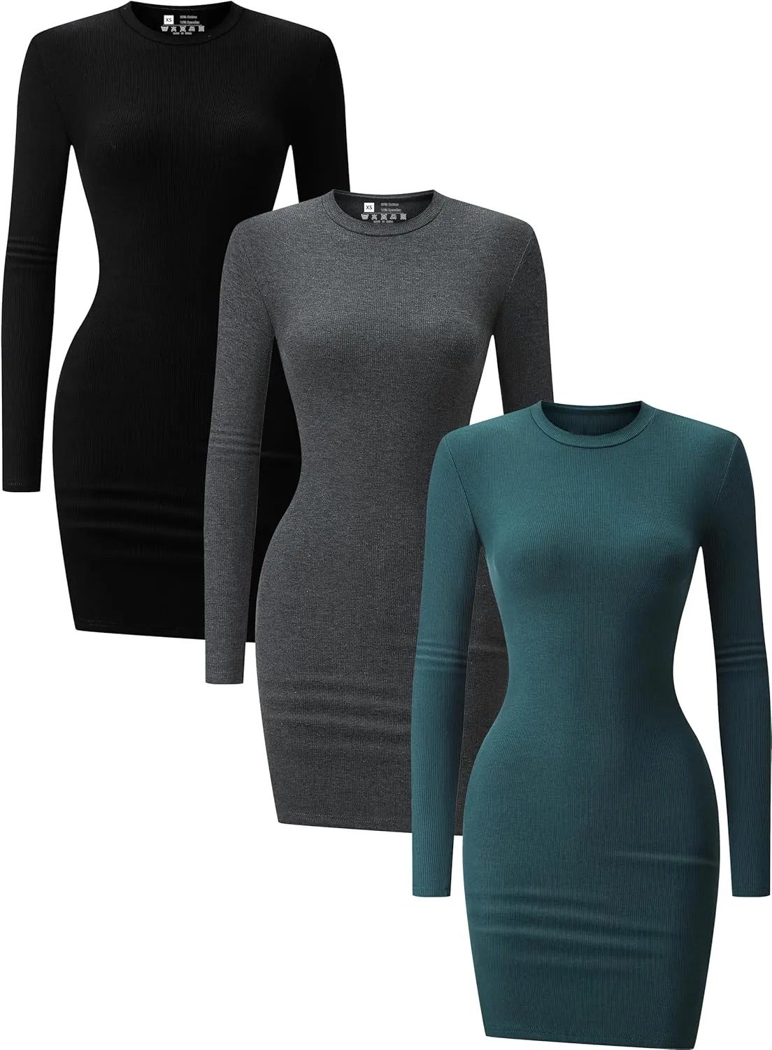 3 Pack Long Sleeve Dress for Women Turtleneck Crew Neck Slim Fit