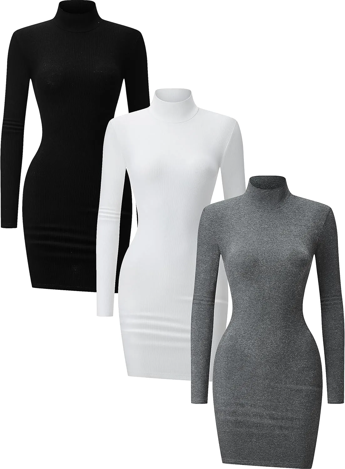 3 Pack Long Sleeve Dress for Women Turtleneck Crew Neck Slim Fit