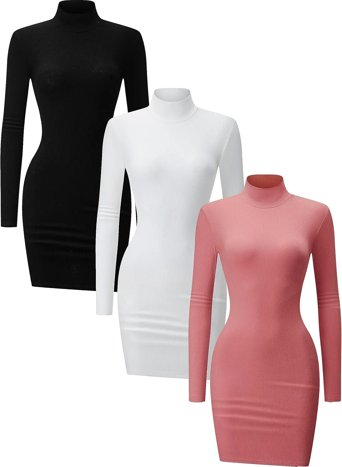 3 Pack Long Sleeve Dress for Women Turtleneck Crew Neck Slim Fit