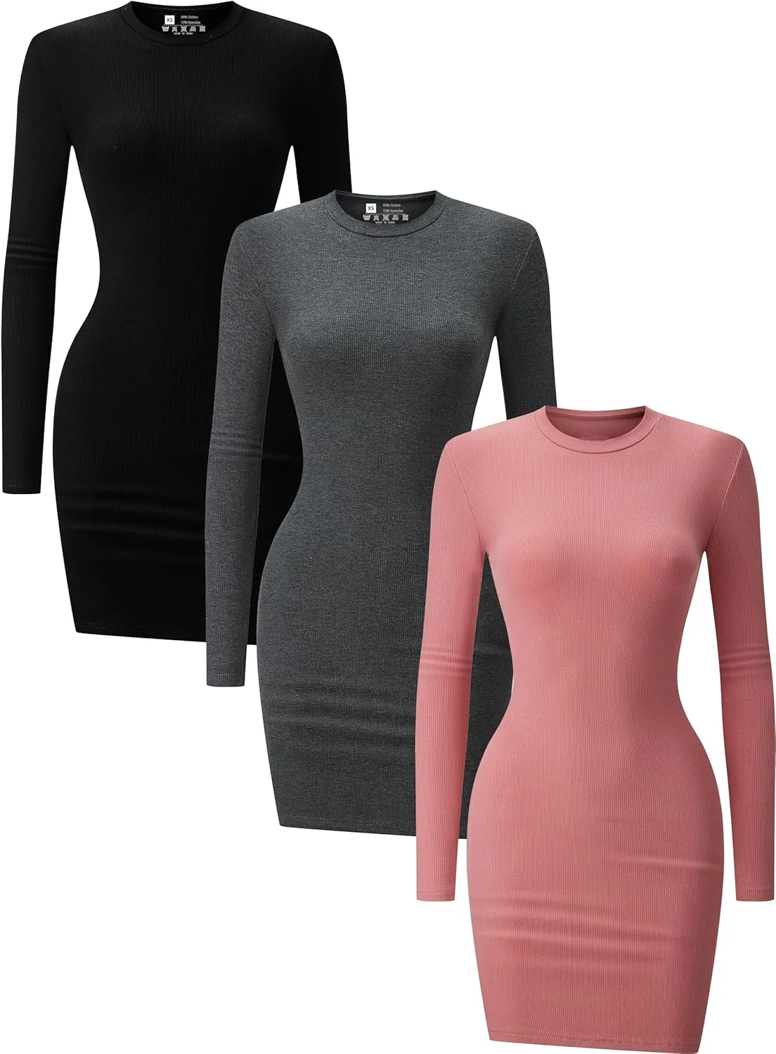 3 Pack Long Sleeve Dress for Women Turtleneck Crew Neck Slim Fit