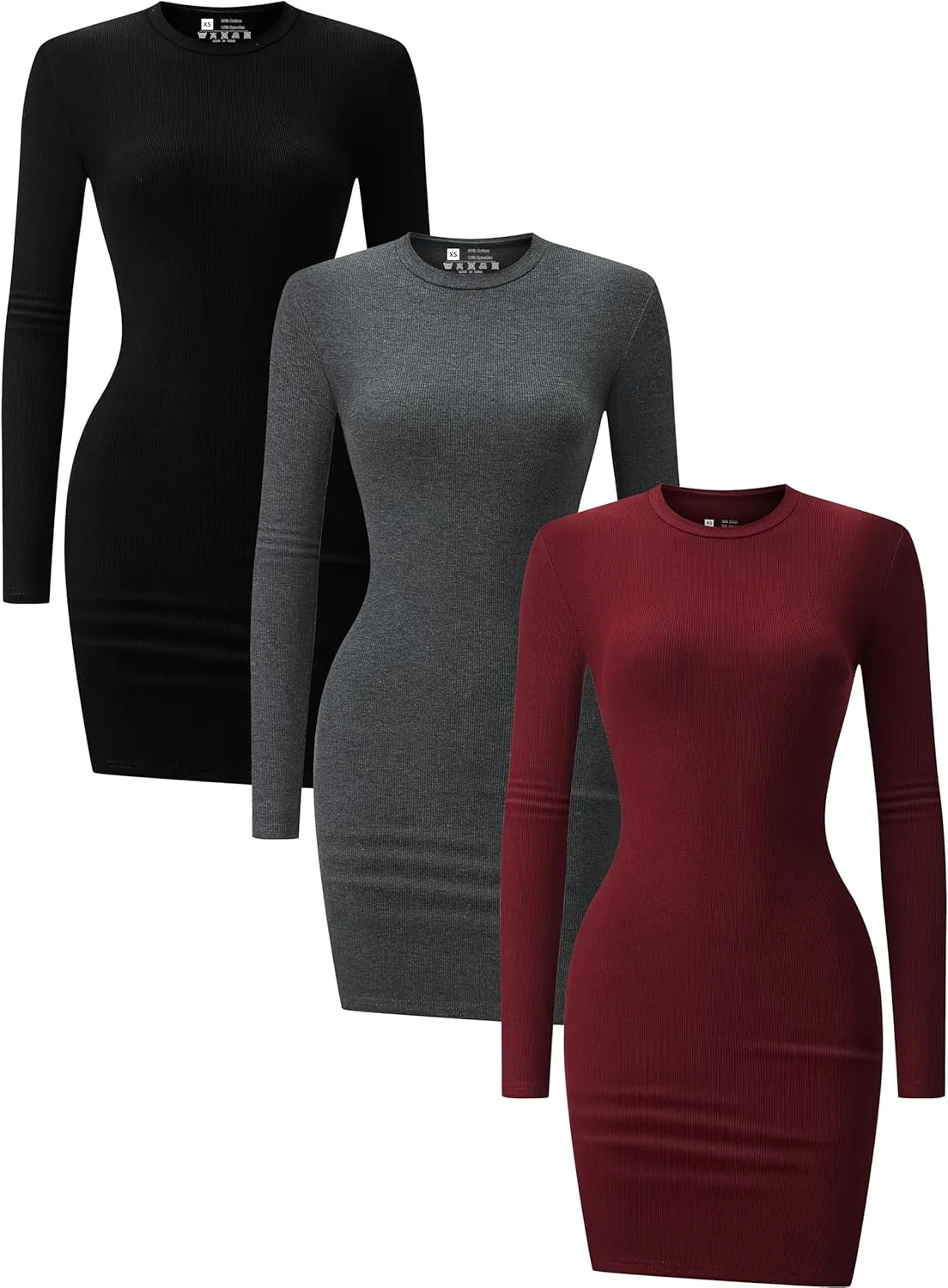 3 Pack Long Sleeve Dress for Women Turtleneck Crew Neck Slim Fit
