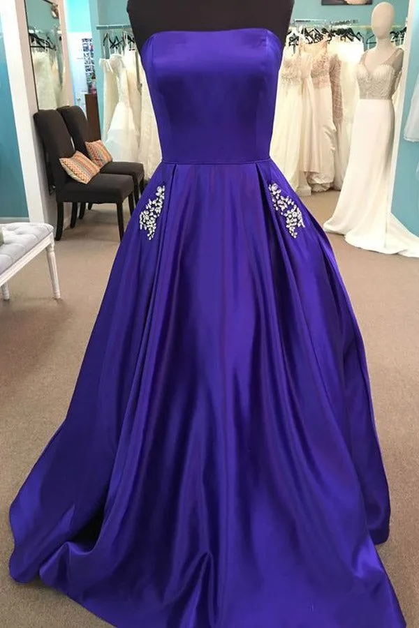 A Line Beaded Satin Long Homecoming Dresses with Pocket