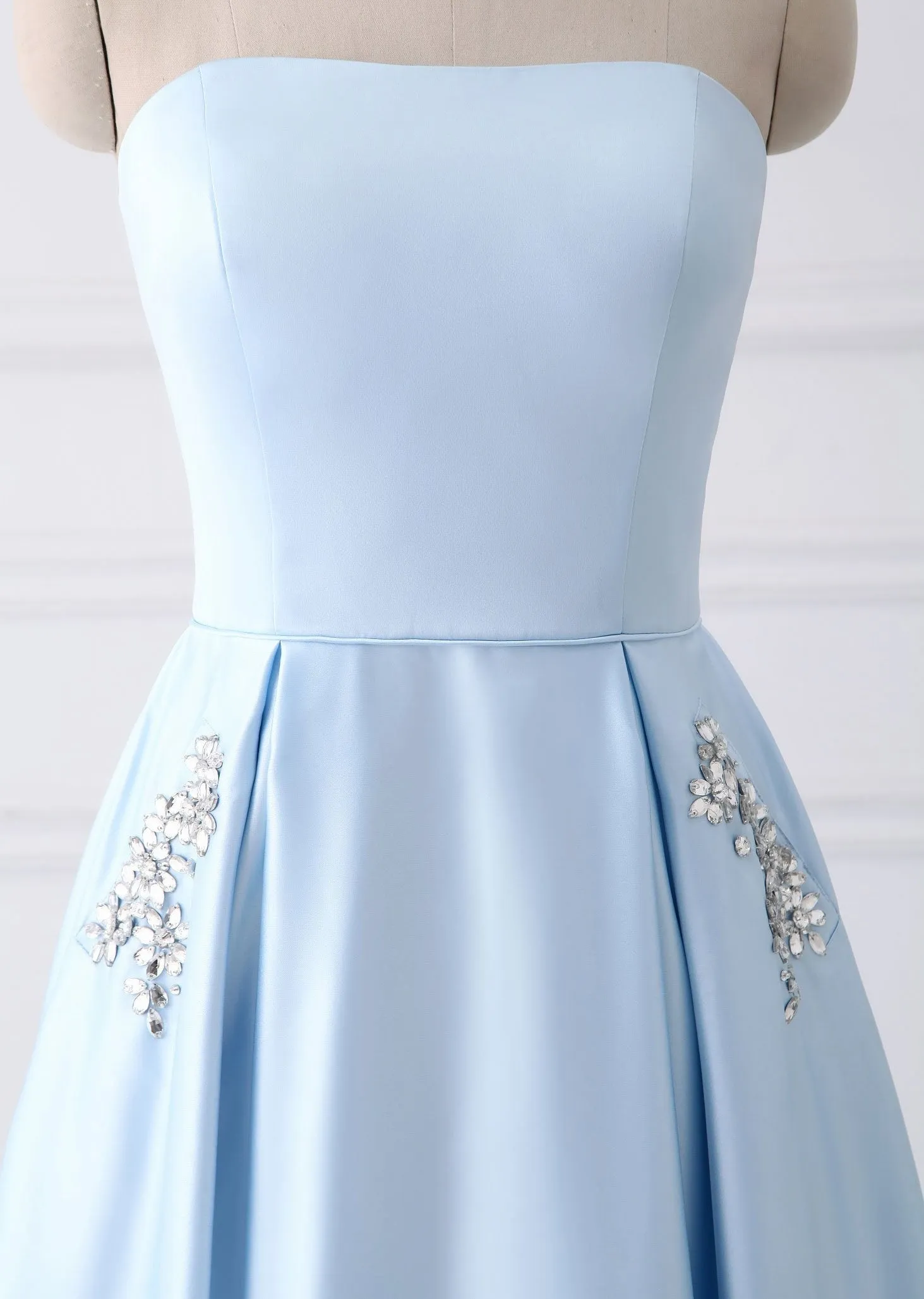 A Line Beaded Satin Long Homecoming Dresses with Pocket