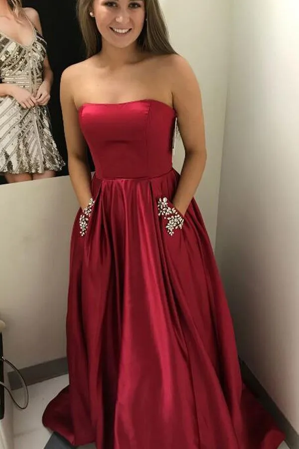 A Line Beaded Satin Long Homecoming Dresses with Pocket