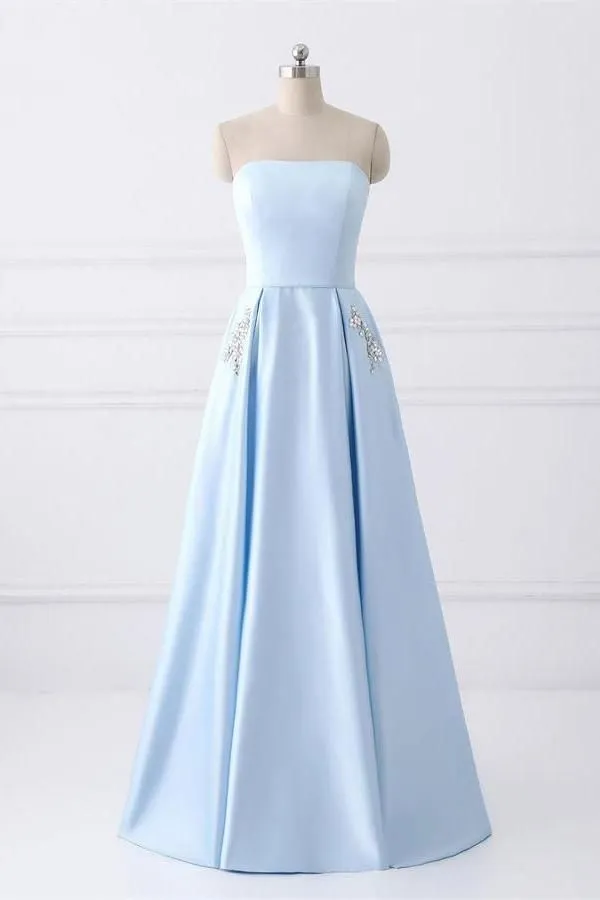 A Line Beaded Satin Long Homecoming Dresses with Pocket