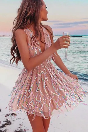 A-line Deep V-neck With Rhinestone Homecoming Dresses, MH450
