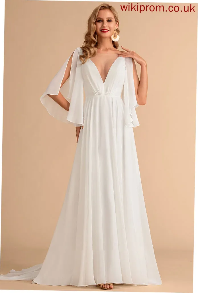 A-Line Dress Wedding Dresses Sweep Jewel Train Chiffon V-neck Wedding