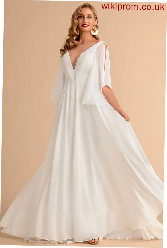 A-Line Dress Wedding Dresses Sweep Jewel Train Chiffon V-neck Wedding