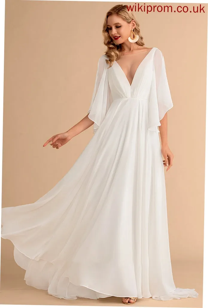 A-Line Dress Wedding Dresses Sweep Jewel Train Chiffon V-neck Wedding