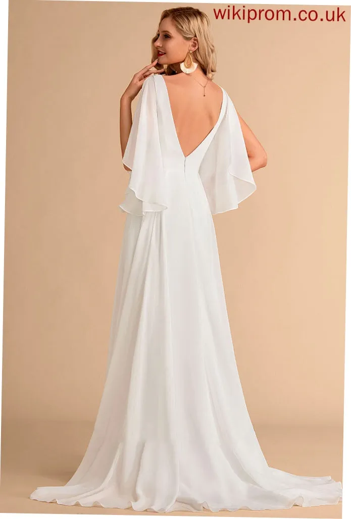 A-Line Dress Wedding Dresses Sweep Jewel Train Chiffon V-neck Wedding