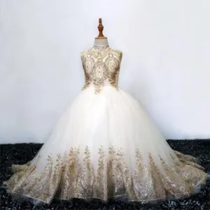 A-line High Neck Gold Lace Long Flower Girl Dresses,Cheap Flower Girl Dresses ,FGY0241