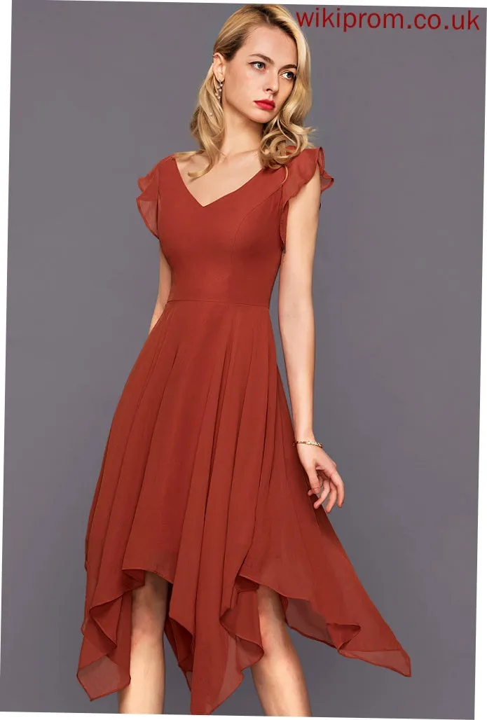 A-Line Holly V-neck With Ruffles Asymmetrical Cascading Cocktail Dresses Dress Chiffon Cocktail