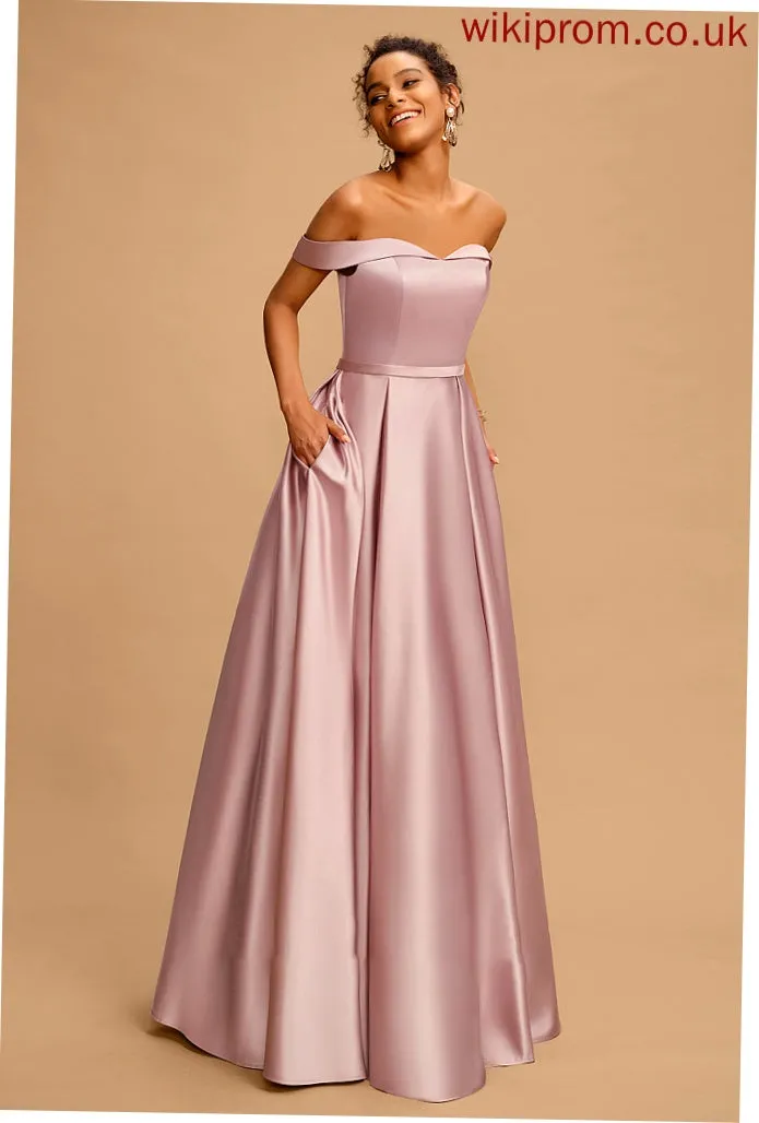 A-Line Off-the-Shoulder Megan Floor-Length Satin Prom Dresses