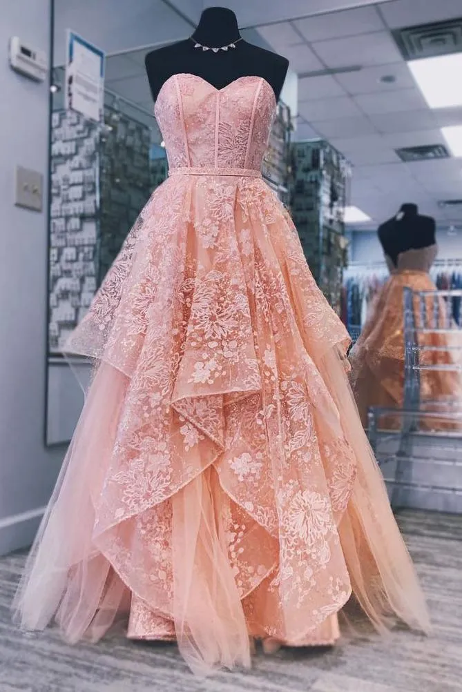 A line Pink Sweetheart Lace Appliques Prom Dresses with Tulle Cheap Party Dresses WK873