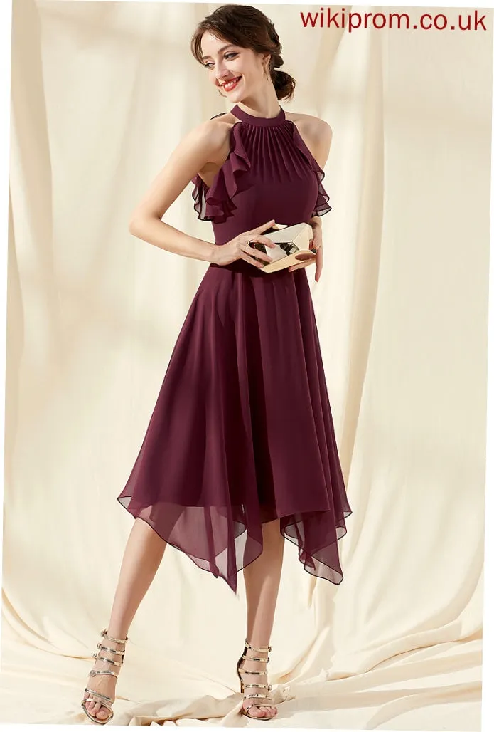 A-Line Ruffles Neck Tea-Length Scoop Cocktail With Chiffon Cascading Cocktail Dresses Mina Dress
