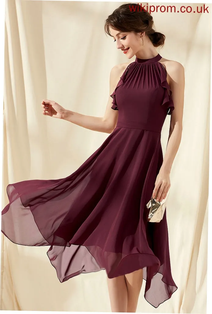 A-Line Ruffles Neck Tea-Length Scoop Cocktail With Chiffon Cascading Cocktail Dresses Mina Dress