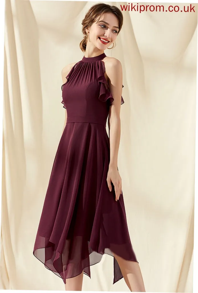 A-Line Ruffles Neck Tea-Length Scoop Cocktail With Chiffon Cascading Cocktail Dresses Mina Dress