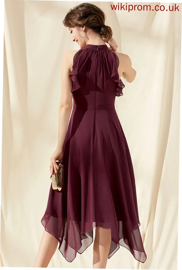 A-Line Ruffles Neck Tea-Length Scoop Cocktail With Chiffon Cascading Cocktail Dresses Mina Dress