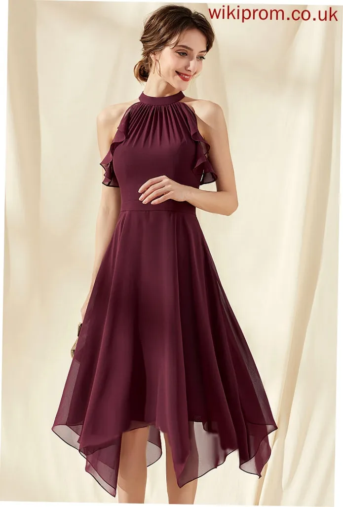 A-Line Ruffles Neck Tea-Length Scoop Cocktail With Chiffon Cascading Cocktail Dresses Mina Dress