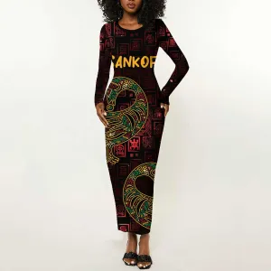 Afro-American Culture Long Sleeve Bodycon Dress Adinkra Sankofa Bird - Cosmic Red LT7