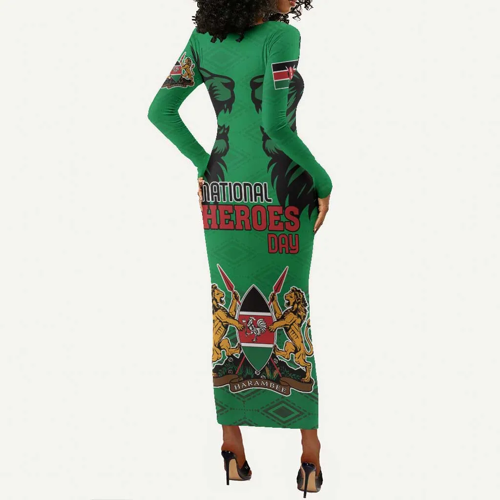 Afro Kenya National Heroes Day Long Sleeve Bodycon Dress Mashujaa With Lion Head And Coat Of Arms LT18