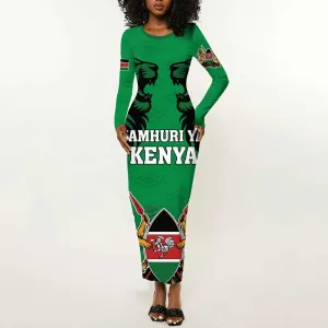 Afro Kenya National Heroes Day Long Sleeve Bodycon Dress Mashujaa With Lion Head And Coat Of Arms LT18