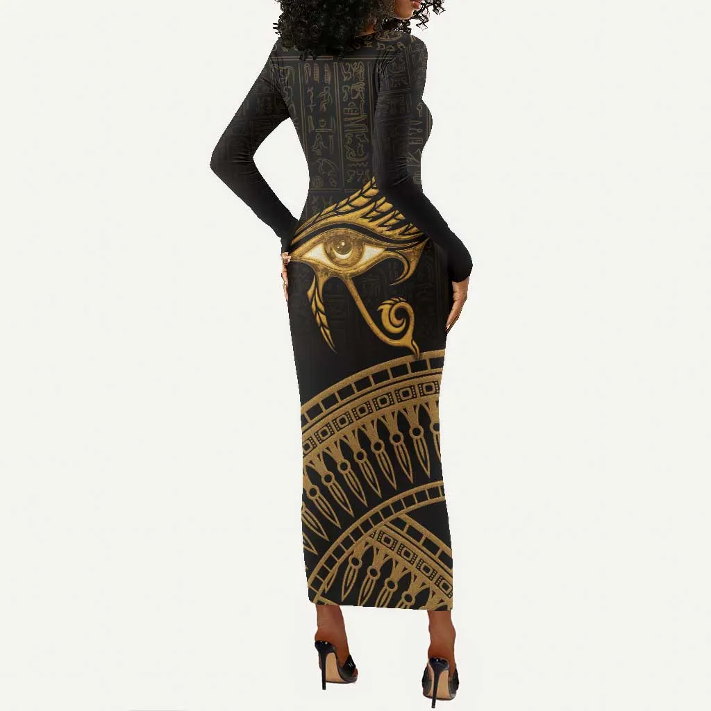 Ancient Egypt Gold Intricate Long Sleeve Bodycon Dress Eye of Horus LT7