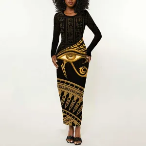 Ancient Egypt Gold Intricate Long Sleeve Bodycon Dress Eye of Horus LT7