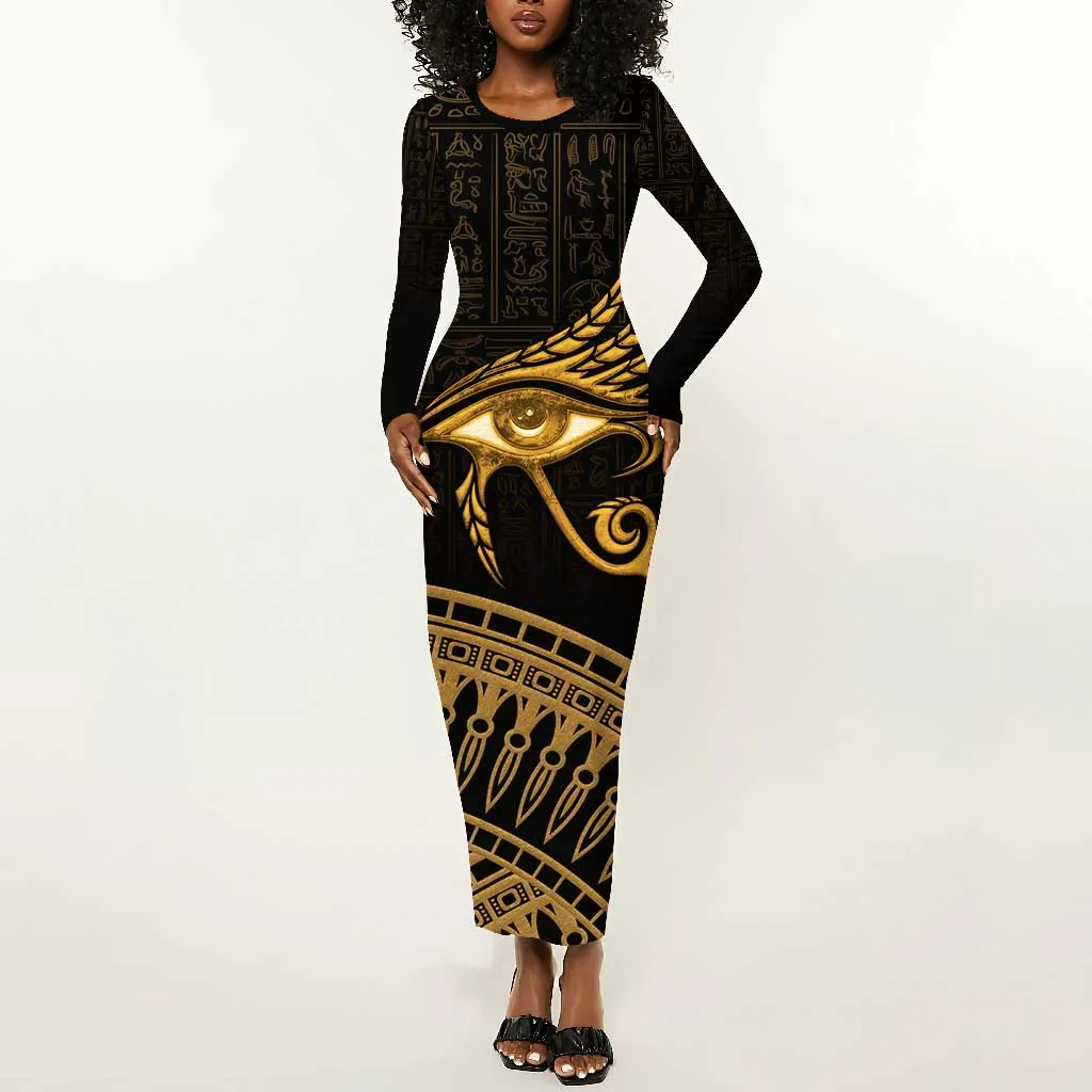 Ancient Egypt Gold Intricate Long Sleeve Bodycon Dress Eye of Horus LT7