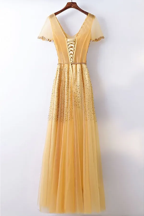 Anneprom A-Line Bling Bling Sparkly Gold Formal Prom Dress With Sleeves APP0316