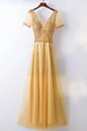 Anneprom A-Line Bling Bling Sparkly Gold Formal Prom Dress With Sleeves APP0316