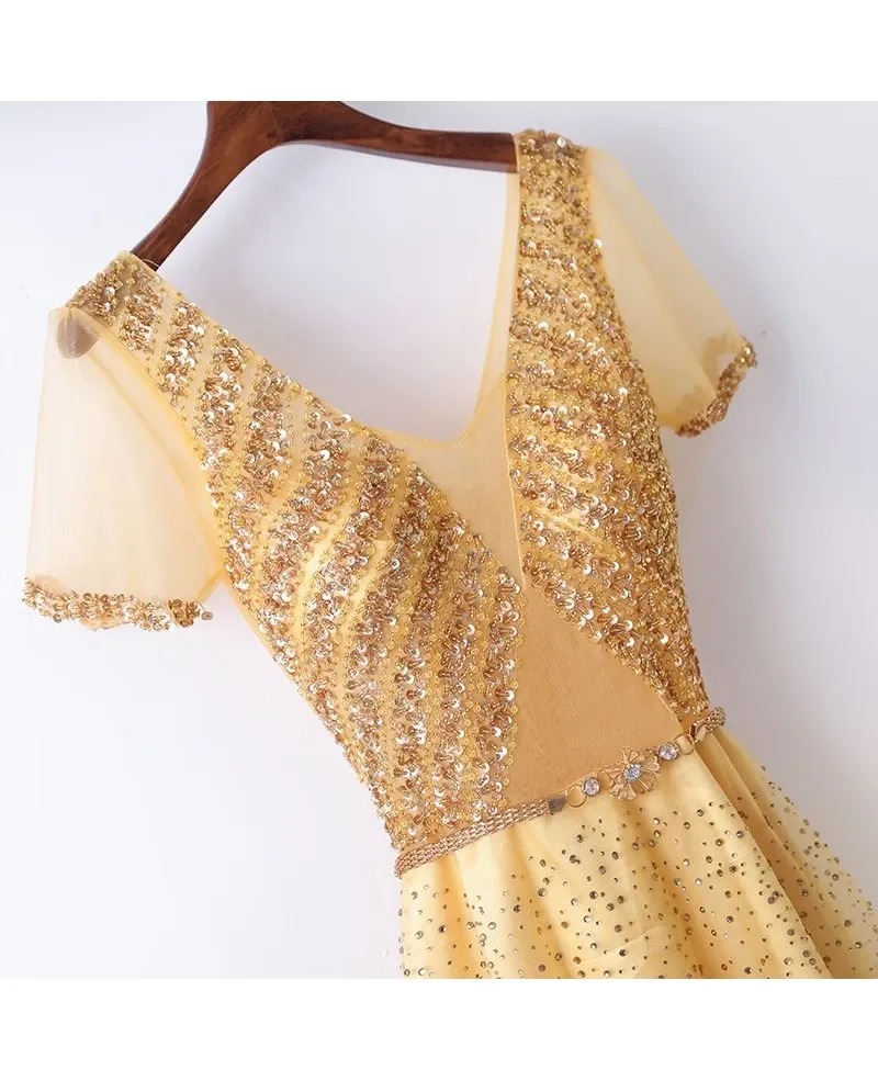 Anneprom A-Line Bling Bling Sparkly Gold Formal Prom Dress With Sleeves APP0316