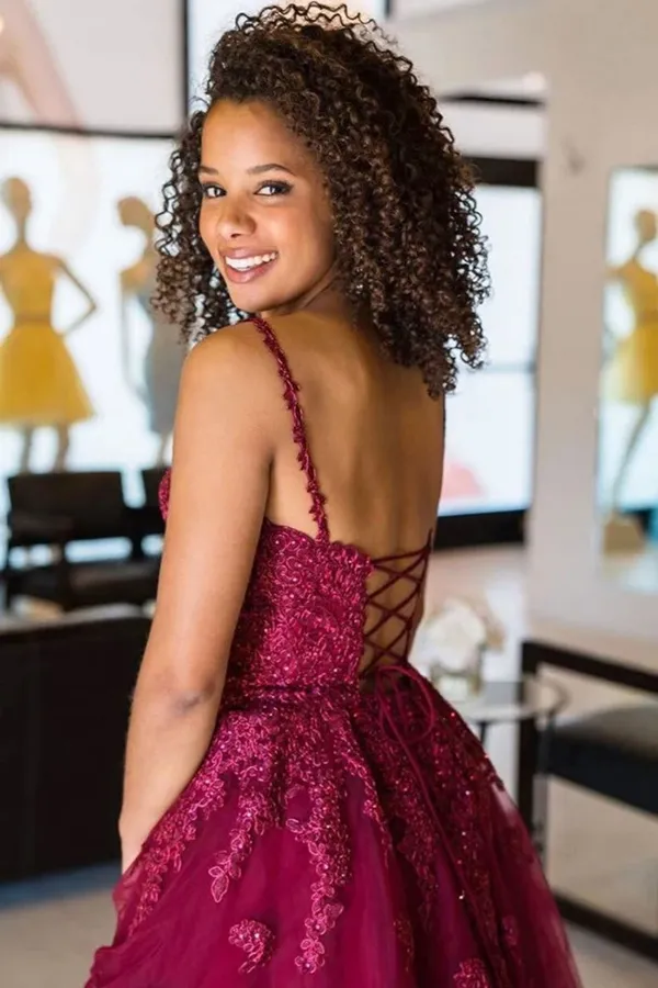 Anneprom  Cute V Neck Burgundy Appliques Short Prom Dress, Maroon Lace Formal Graduation Homecoming Dress APH0120