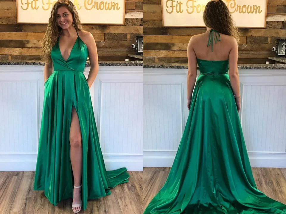 Anneprom V Neck A Line Prom Dresses Sweep Train Slit Ruffles Party Dresses APP0489