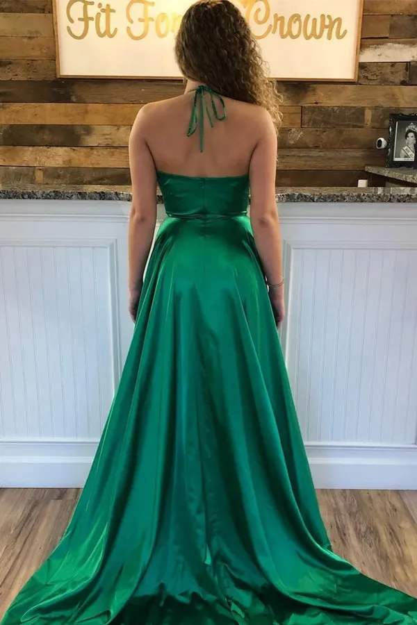 Anneprom V Neck A Line Prom Dresses Sweep Train Slit Ruffles Party Dresses APP0489