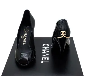 Authentic Chanel Classic Runway Black Patent Open-Toe Pumps