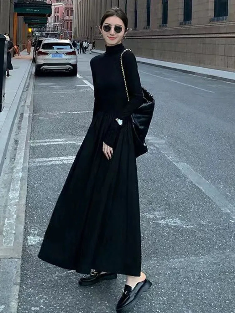 Autumn Winter Dress Women Elegant Long Sleeve Dresses Female Korean Fashion High Collar Long Dress Lady Vintage Chic Solid Robe