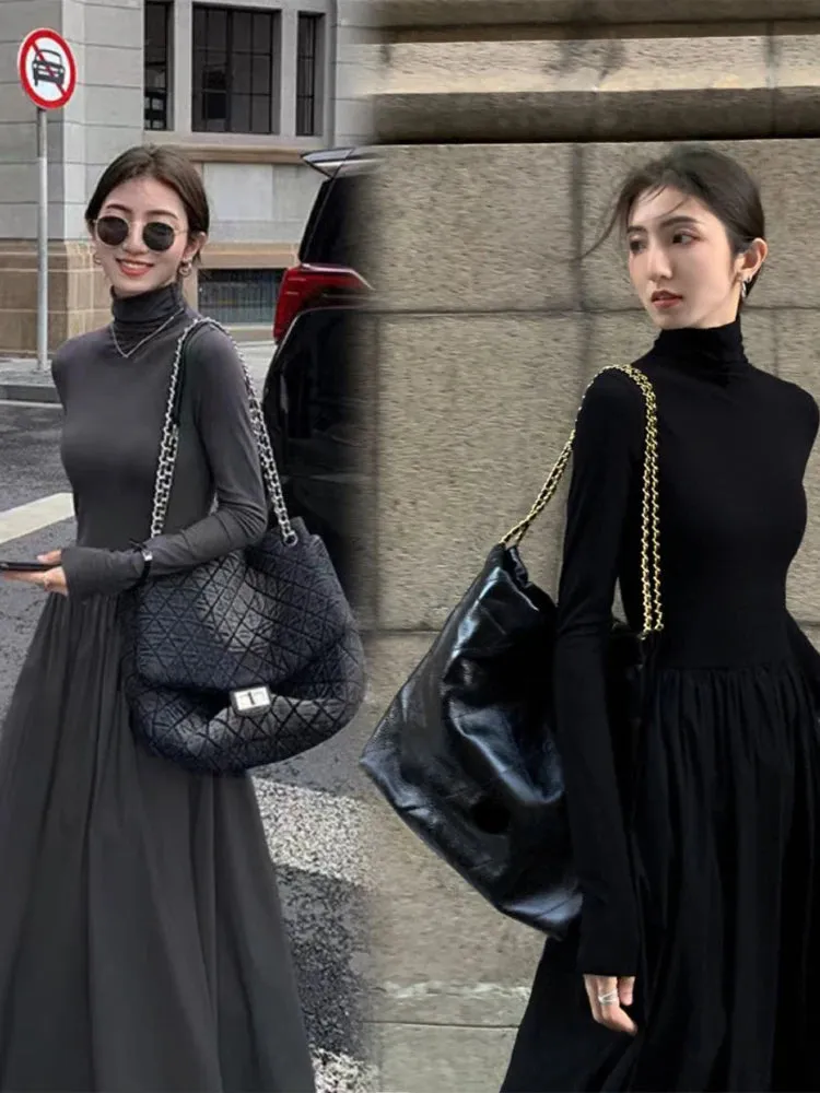 Autumn Winter Dress Women Elegant Long Sleeve Dresses Female Korean Fashion High Collar Long Dress Lady Vintage Chic Solid Robe