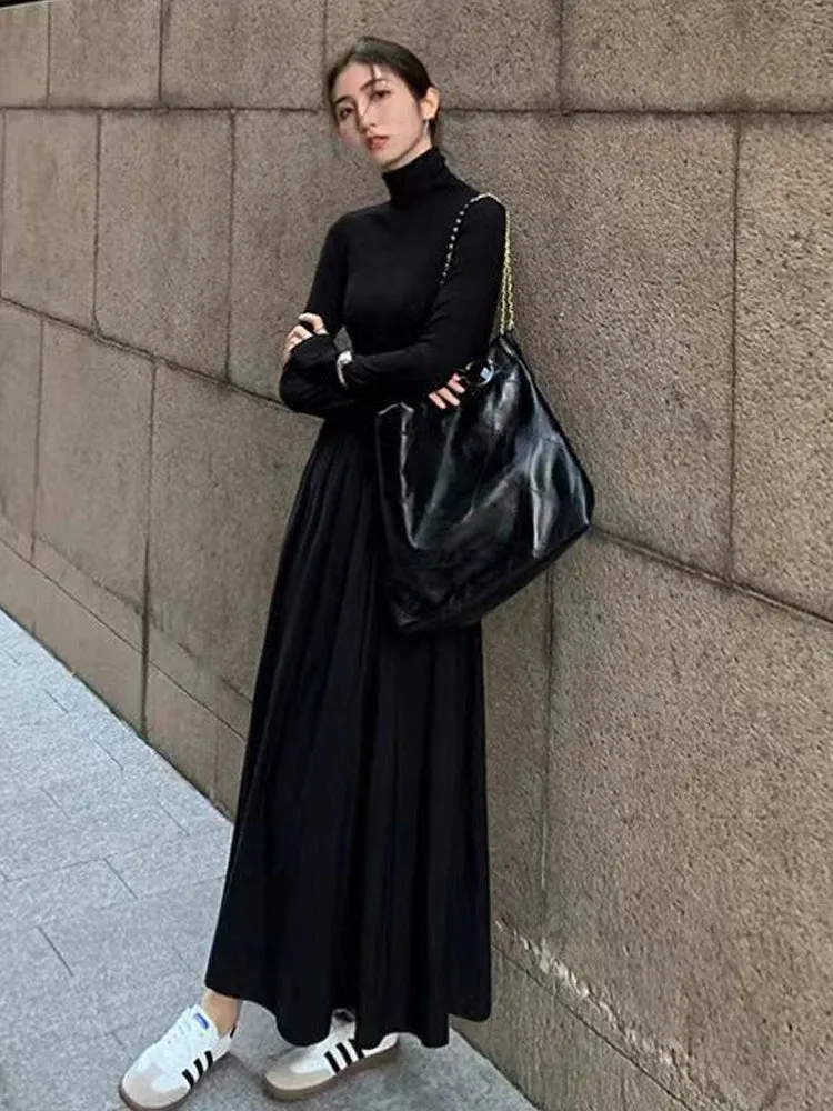 Autumn Winter Dress Women Elegant Long Sleeve Dresses Female Korean Fashion High Collar Long Dress Lady Vintage Chic Solid Robe