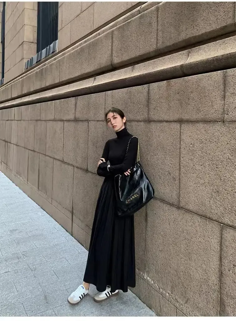 Autumn Winter Dress Women Elegant Long Sleeve Dresses Female Korean Fashion High Collar Long Dress Lady Vintage Chic Solid Robe