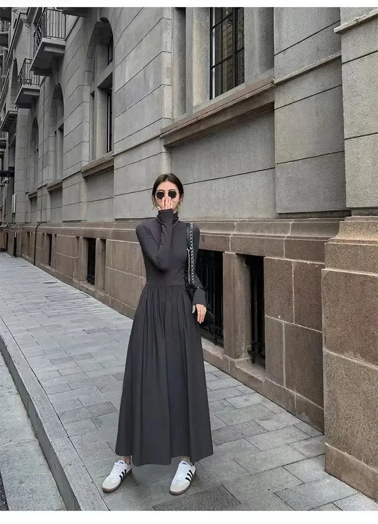 Autumn Winter Dress Women Elegant Long Sleeve Dresses Female Korean Fashion High Collar Long Dress Lady Vintage Chic Solid Robe