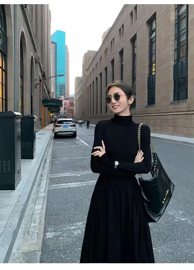 Autumn Winter Dress Women Elegant Long Sleeve Dresses Female Korean Fashion High Collar Long Dress Lady Vintage Chic Solid Robe