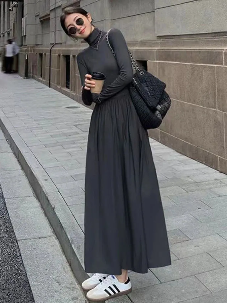 Autumn Winter Dress Women Elegant Long Sleeve Dresses Female Korean Fashion High Collar Long Dress Lady Vintage Chic Solid Robe