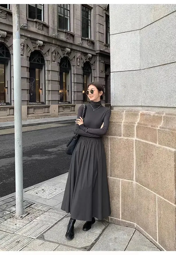 Autumn Winter Dress Women Elegant Long Sleeve Dresses Female Korean Fashion High Collar Long Dress Lady Vintage Chic Solid Robe