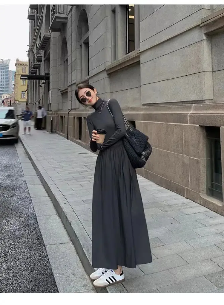 Autumn Winter Dress Women Elegant Long Sleeve Dresses Female Korean Fashion High Collar Long Dress Lady Vintage Chic Solid Robe